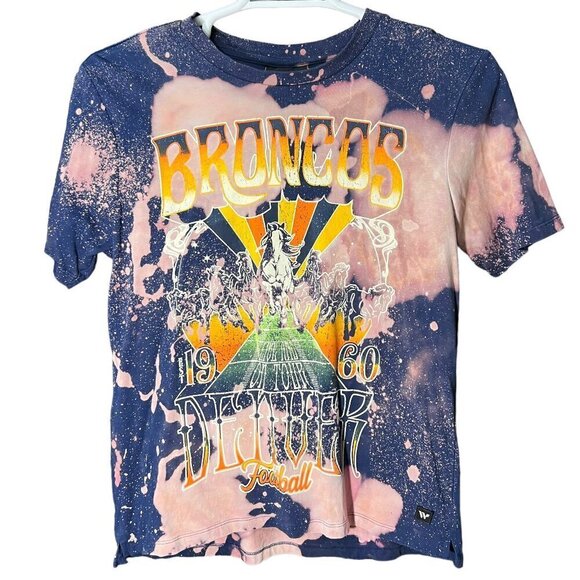 Denver Broncos Reworked Graphic T-Shirt Short Sleeve Bleach Bomb Navy Mens Sz S - Picture 1 of 6